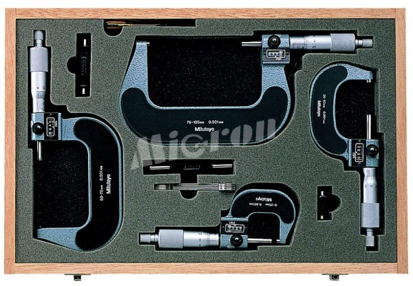 Набор микрометров 100 0,01 с мех.счетчиком (0-100) (4шт.), меры установочные(3 шт.) 193-902 Mitutoyo